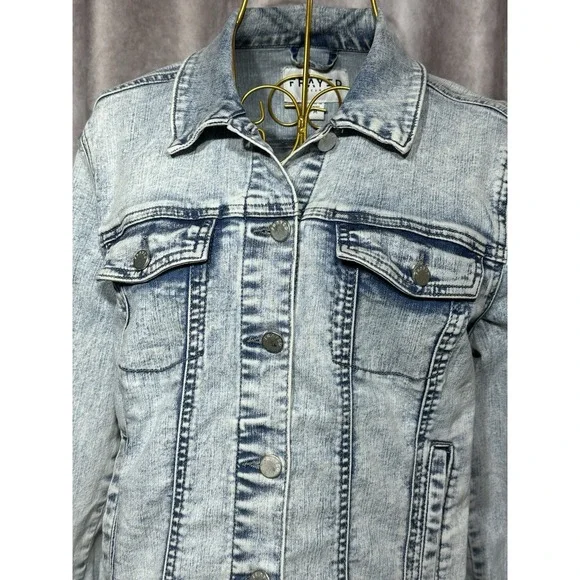FRAYED Jeans  Denim Jacket Women's Medium Stone/Acid Wash Light Blue Classic‎ - Picture 6 of 12